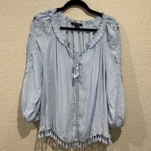 ZAC & RACHEL Light Blue Boho Peasant Blouse with Crochet sleeves